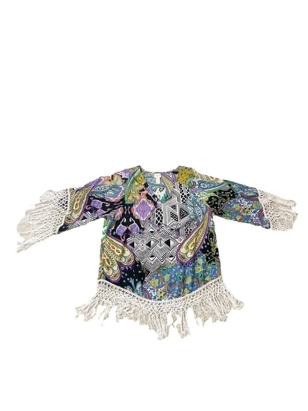 Women’s Chico’s Retro Paisley Fringe Boho Tunic Size 1 US! - Picture 6 of 9